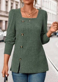 Olive Green Button Long Sleeve Square Neck T Shirt -OLALA Clothing Shop 342985 P 16957211014703