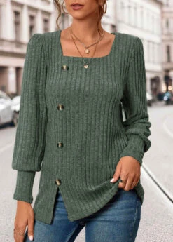 Olive Green Button Long Sleeve Square Neck T Shirt -OLALA Clothing Shop 342985 P 16957211018694