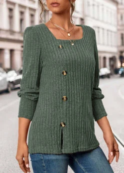 Olive Green Button Long Sleeve Square Neck T Shirt -OLALA Clothing Shop 342985 P 16957211019822