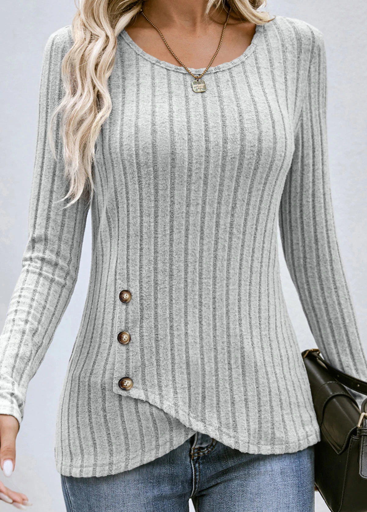 Grey Button Long Sleeve Round Neck T Shirt 3 Grey Button Long Sleeve Round Neck T Shirt
