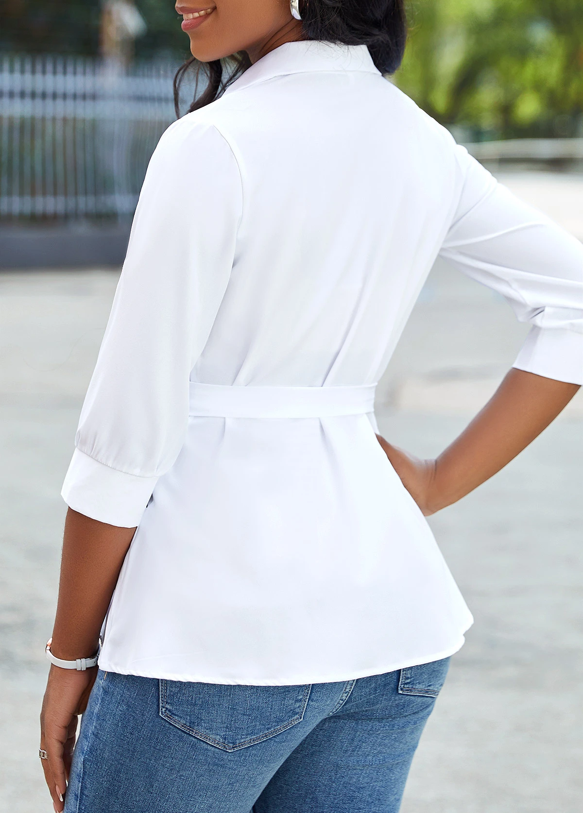 White Criss Cross Belted Three Quarter Length Sleeve Blouse 4 White Criss Cross Belted Three Quarter Length Sleeve Blouse - Image 2