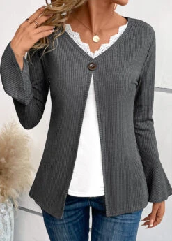 Dark Grey Patchwork Long Sleeve V Neck T Shirt -OLALA Clothing Shop 343075 P 16966732269412