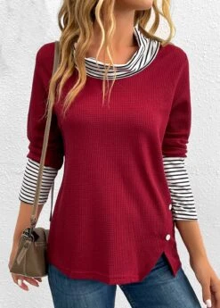 Wine Red Button Striped Long Sleeve T Shirt -OLALA Clothing Shop 343320 P 16976796211313