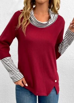 Wine Red Button Striped Long Sleeve T Shirt -OLALA Clothing Shop 343320 P 16976796212484