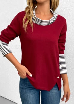Wine Red Button Striped Long Sleeve T Shirt -OLALA Clothing Shop 343320 P 16976796213762
