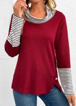 Wine Red Button Striped Long Sleeve T Shirt -OLALA Clothing Shop 343320 P 16976796216375