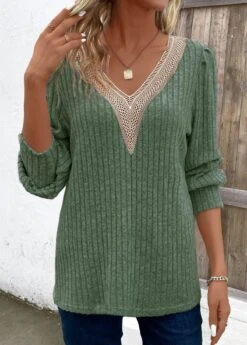 Green Patchwork Long Sleeve V Neck T Shirt -OLALA Clothing Shop 343441 P 16956187048340