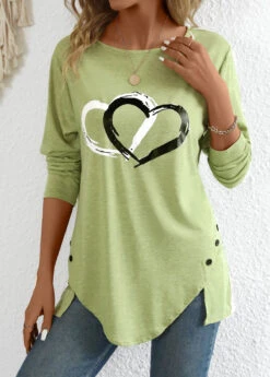 Avocado Green Split Heart Print Long Sleeve T Shirt 10 Avocado Green Split Heart Print Long Sleeve T Shirt -OLALA Clothing Shop 343449 P 16978017262272