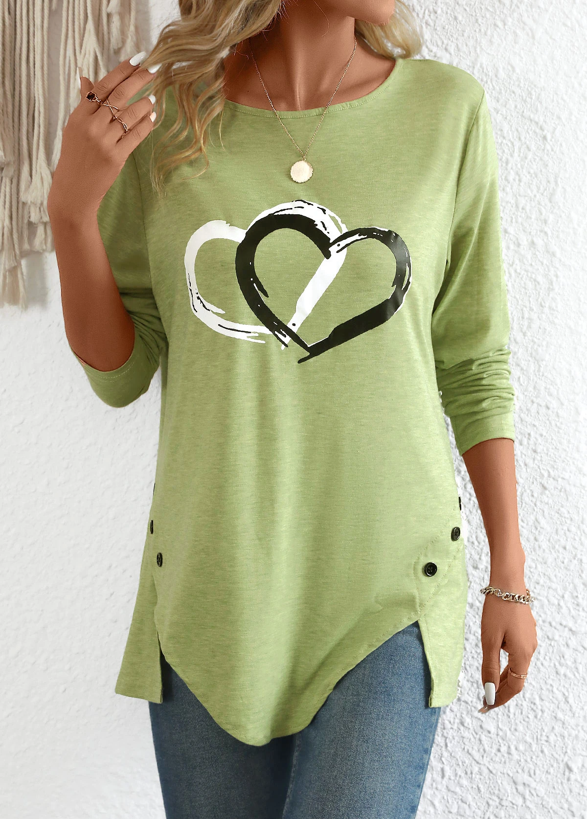 Avocado Green Split Heart Print Long Sleeve T Shirt 7 Avocado Green Split Heart Print Long Sleeve T Shirt - Image 5