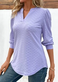 Light Purple Jacquard Long Sleeve V Neck Blouse -OLALA Clothing Shop 343453 P 16978017021572