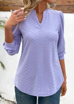 Light Purple Jacquard Long Sleeve V Neck Blouse -OLALA Clothing Shop 343453 P 16978017028124