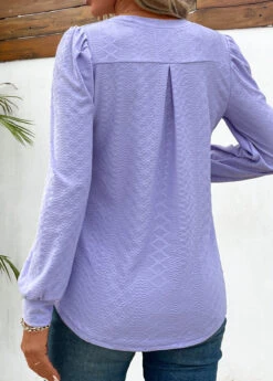 Light Purple Jacquard Long Sleeve V Neck Blouse -OLALA Clothing Shop 343453 P 16978017028161