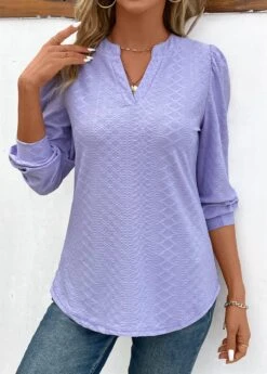 Light Purple Jacquard Long Sleeve V Neck Blouse -OLALA Clothing Shop 343453 P 16978017029245