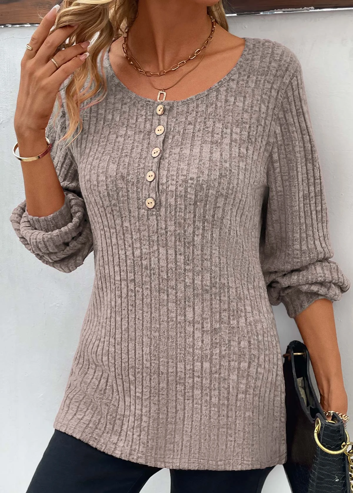 Light Camel Button Long Sleeve Round Neck T Shirt 5 Light Camel Button Long Sleeve Round Neck T Shirt - Image 3