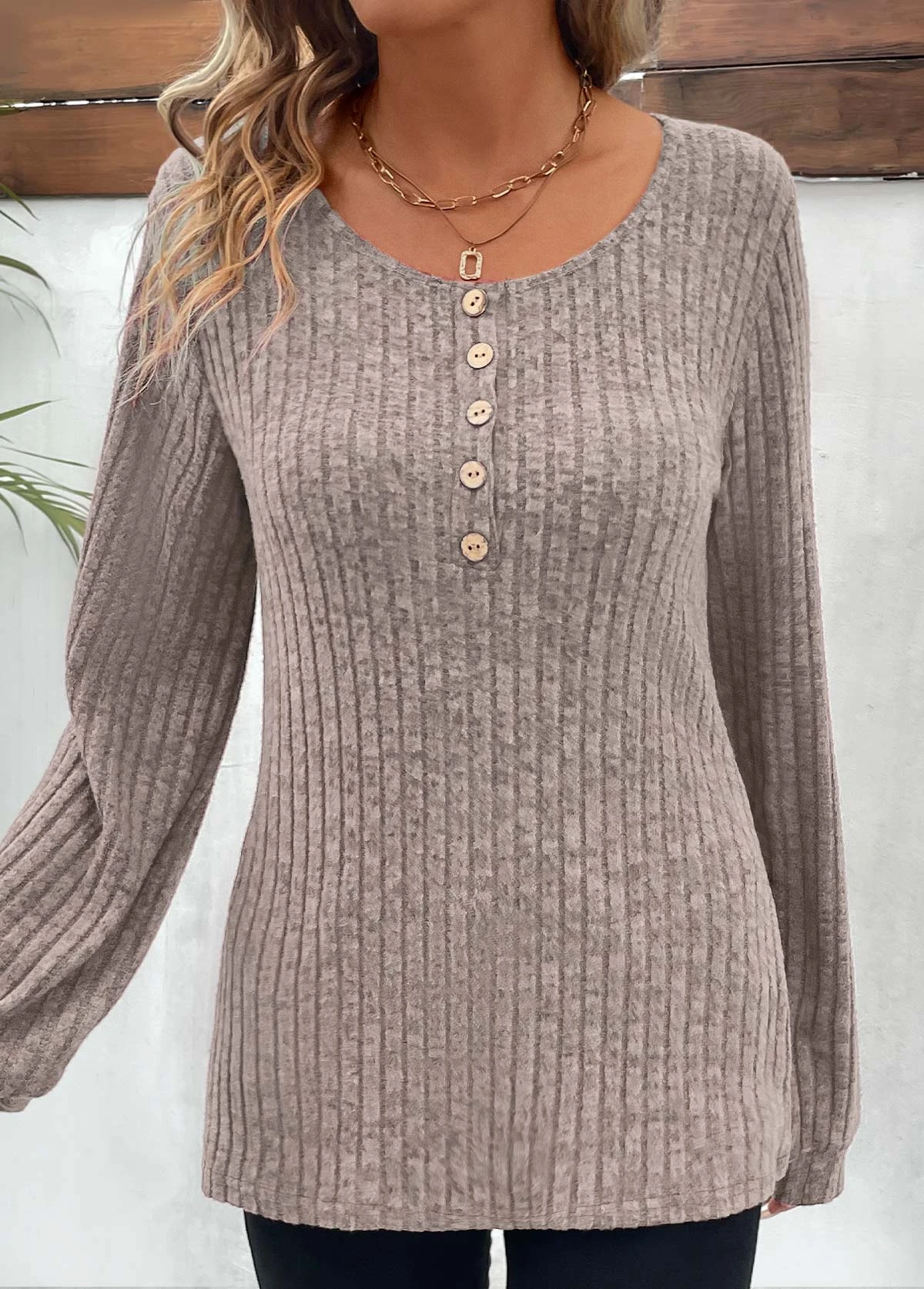 Light Camel Button Long Sleeve Round Neck T Shirt 8 Light Camel Button Long Sleeve Round Neck T Shirt - Image 6