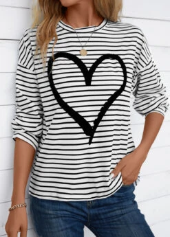 White Striped Long Sleeve Round Neck T Shirt