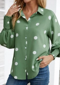 Grass Green Smocked Polka Dot Long Sleeve Blouse -OLALA Clothing Shop 344133 P 16983147082532