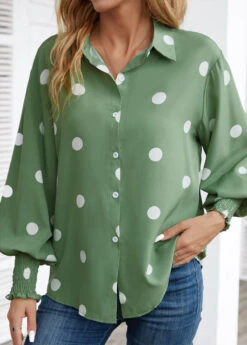 Grass Green Smocked Polka Dot Long Sleeve Blouse -OLALA Clothing Shop 344133 P 16983147089133
