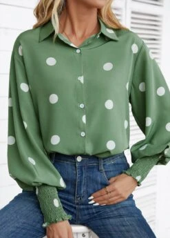 Grass Green Smocked Polka Dot Long Sleeve Blouse