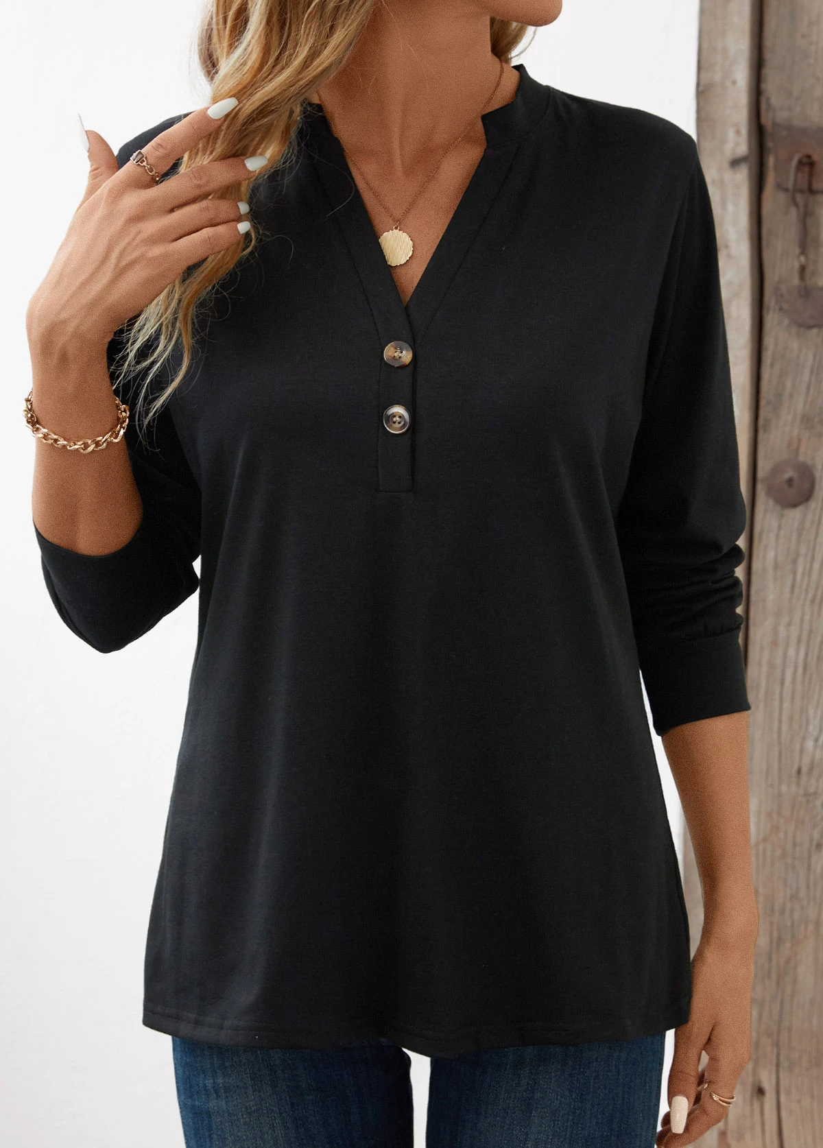 Black Button Long Sleeve Split Neck T Shirt 3 Black Button Long Sleeve Split Neck T Shirt