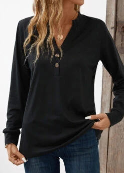 Black Button Long Sleeve Split Neck T Shirt 9 Black Button Long Sleeve Split Neck T Shirt -OLALA Clothing Shop 344316 P 16983146048662