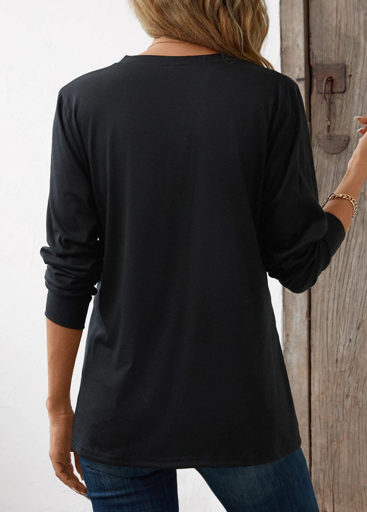 Black Button Long Sleeve Split Neck T Shirt 4 Black Button Long Sleeve Split Neck T Shirt - Image 2