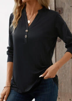 Black Button Long Sleeve Split Neck T Shirt 10 Black Button Long Sleeve Split Neck T Shirt -OLALA Clothing Shop 344316 P 16983146053803