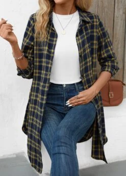 Navy Button Plaid Long Sleeve Shirt Collar Blouse -OLALA Clothing Shop 344323 P 16981475336944