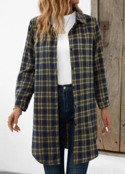 Navy Button Plaid Long Sleeve Shirt Collar Blouse -OLALA Clothing Shop 344323 P 16981475337240