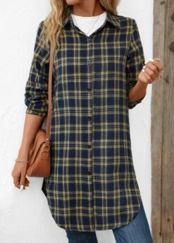 Navy Button Plaid Long Sleeve Shirt Collar Blouse