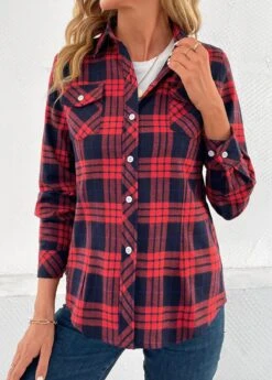 Red Button Plaid Long Sleeve Shirt Collar Blouse -OLALA Clothing Shop 344417 P 16988391791213