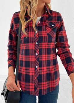 Red Button Plaid Long Sleeve Shirt Collar Blouse -OLALA Clothing Shop 344417 P 16988391791254
