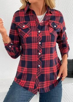 Red Button Plaid Long Sleeve Shirt Collar Blouse -OLALA Clothing Shop 344417 P 16988391794045