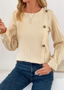 Light Camel Button Long Sleeve Round Neck Blouse -OLALA Clothing Shop 344546 P 16988347690824