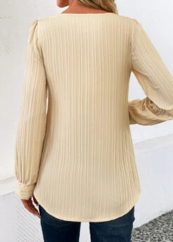 Light Camel Button Long Sleeve Round Neck Blouse -OLALA Clothing Shop 344546 P 16988347699181