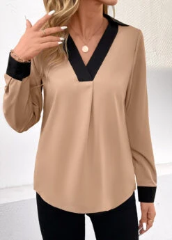 Light Camel Patchwork Long Sleeve V Neck Blouse -OLALA Clothing Shop 344854 P 16988346931642