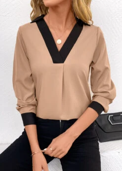 Light Camel Patchwork Long Sleeve V Neck Blouse -OLALA Clothing Shop 344854 P 16988346934625