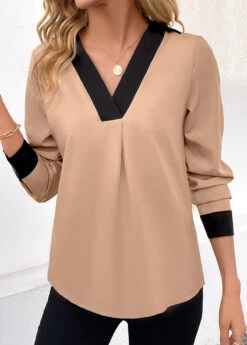 Light Camel Patchwork Long Sleeve V Neck Blouse -OLALA Clothing Shop 344854 P 16988346936023