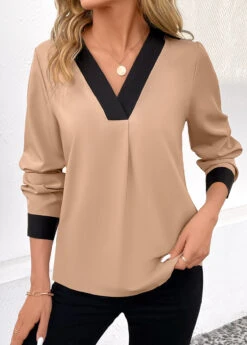 Light Camel Patchwork Long Sleeve V Neck Blouse