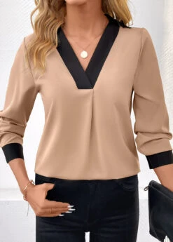 Light Camel Patchwork Long Sleeve V Neck Blouse -OLALA Clothing Shop 344854 P 16988346939004
