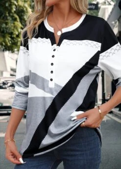 Grey Button Geometric Print Long Sleeve Split Neck Blouse 9 Grey Button Geometric Print Long Sleeve Split Neck Blouse -OLALA Clothing Shop 345125 P 16988392194252