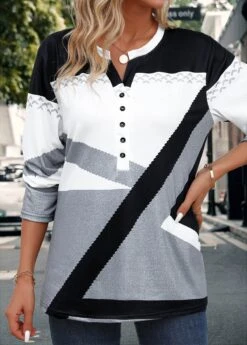 Grey Button Geometric Print Long Sleeve Split Neck Blouse 11 Grey Button Geometric Print Long Sleeve Split Neck Blouse -OLALA Clothing Shop 345125 P 16988392194464