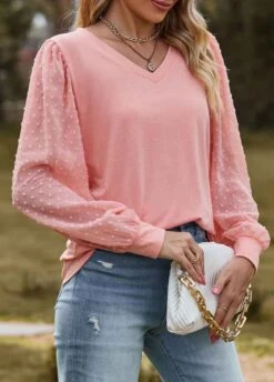 Dusty Pink Patchwork Long Sleeve V Neck T Shirt -OLALA Clothing Shop 345663 P 1698989529787